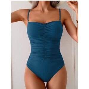 AIDONGER Women's Teal One Piece Swimsuit Ruched Adjustable Straps, L